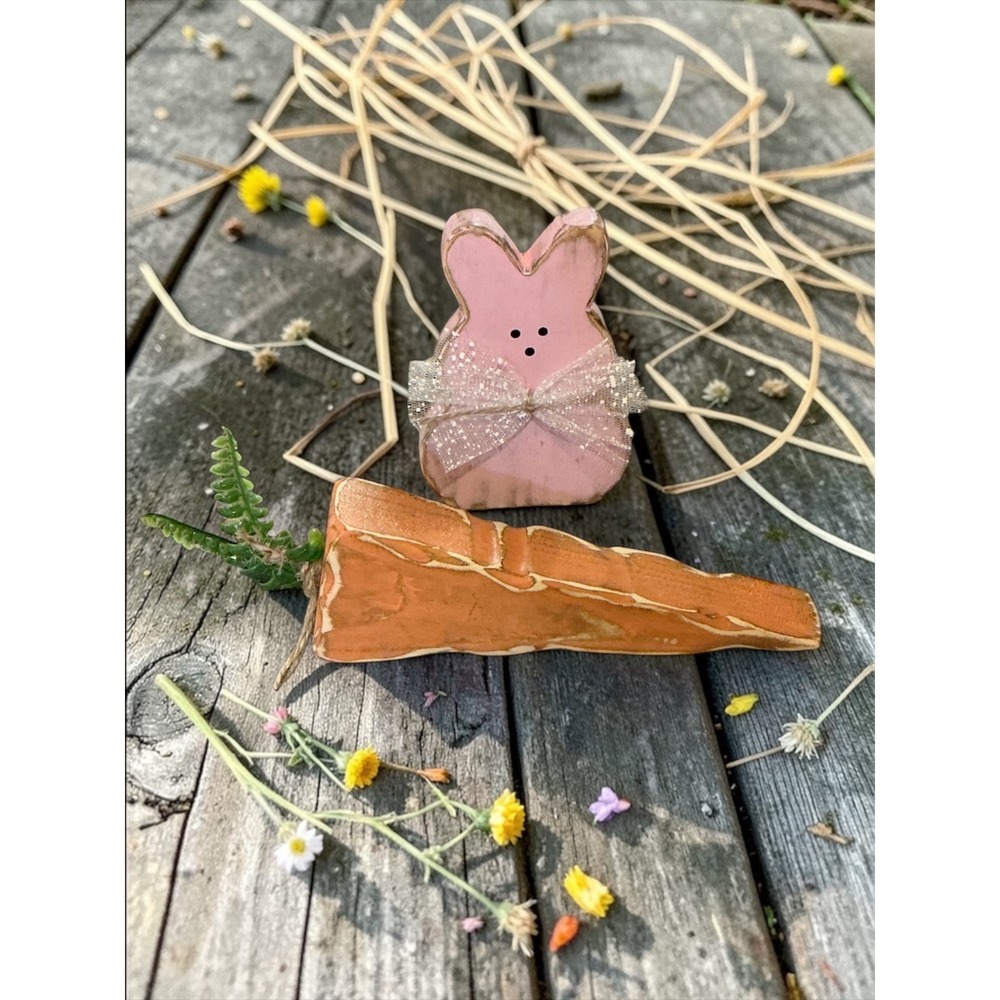 Rustic Wooden Easter Bunny and Carrot Set Pink Farmhouse Spring‎ Decor 2pc